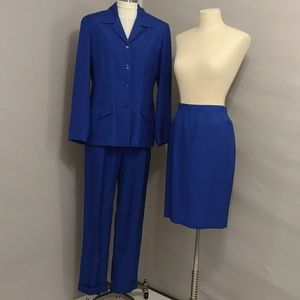 Silk Suit Pantsuit Blazer Jacket & Skirt Rich Cobalt Blue Vintage 90s Y2K 3 pc's